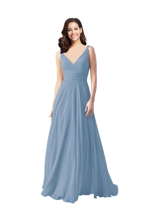 Sleeveless Dusty Blue A-Line V-Neck Wedding Party Dress Lincoln