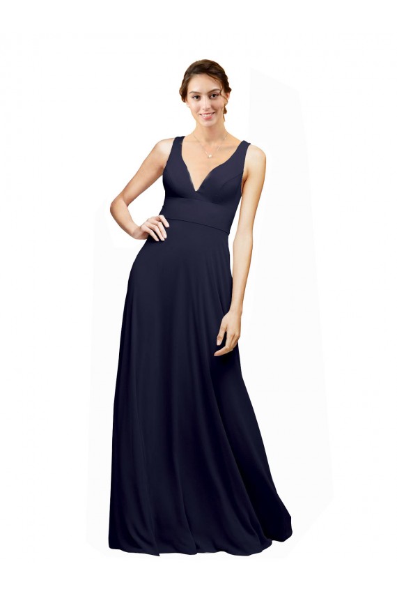 Sleeveless Dark Navy Open Back A-Line V-Neck Wedding Guest Dress Lincoln