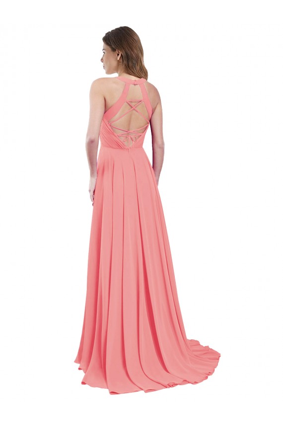 Sleeveless Watermelon Criss Cross Back A-Line Halter Neck Bridesmaid Dress / Evening Dress Lincoln