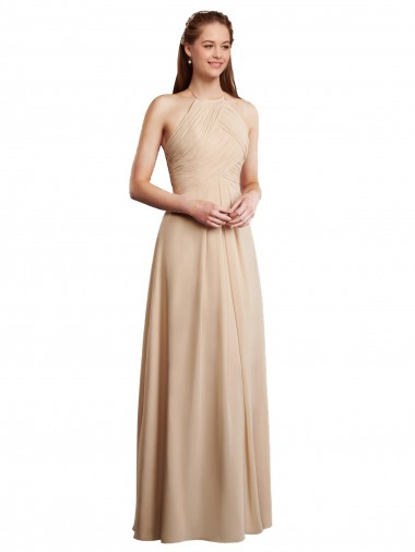 Sleeveless Champagne Low Back A-Line Halter Neck Bridesmaid Dress Lincoln
