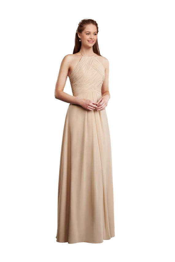 Sleeveless Champagne Low Back A-Line Halter Neck Bridesmaid Dress Lincoln