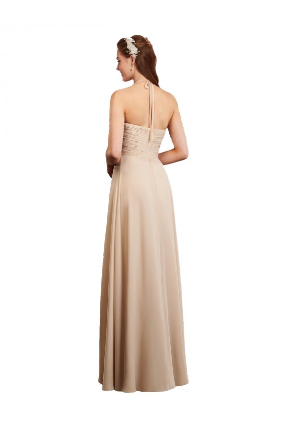 Sleeveless Champagne Low Back A-Line Halter Neck Bridesmaid Dress Lincoln