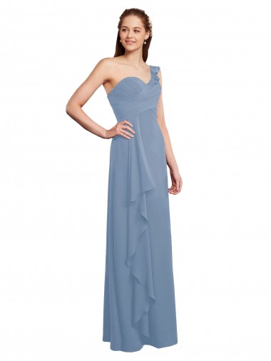 Sleeveless Dusty Blue A-Line Chiffon One Shoulder Formal Dress / Bridesmaid Dress Lincoln