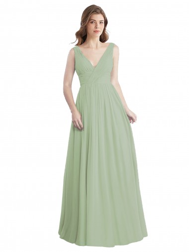 Sleeveless Smoke Green V-Back A-Line V-Neck Formal Dress / Bridesmaid Dress Lincoln