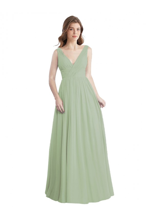 Sleeveless Smoke Green V-Back A-Line V-Neck Formal Dress / Bridesmaid Dress Lincoln