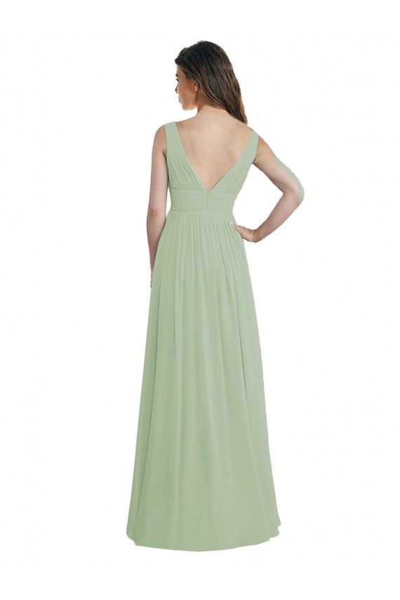 Sleeveless Smoke Green V-Back A-Line V-Neck Formal Dress / Bridesmaid Dress Lincoln