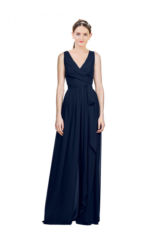 Sleeveless Dark Navy A-Line V-Neck Wedding Party Dress Lincoln