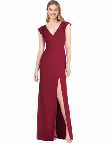 Ruffle Sleeves Burgundy Tie Back Mermaid V-Neck Bridesmaid Dress Lincoln