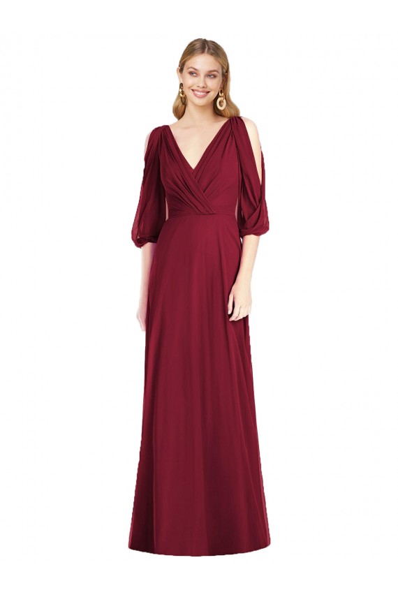Bell Sleeves Burgundy V-Back Trumpet V-Neck Formal Dress / Bridesmaid Dress Lincoln