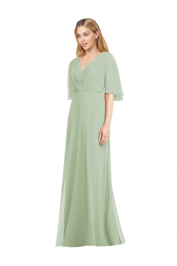 Flutter Sleeves Smoke Green Trumpet V-Neck Bridesmaid Dress Lincoln