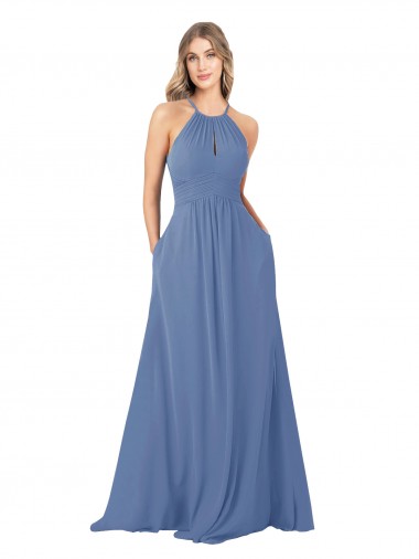 Sleeveless Windsor Blue Open Back A-Line High Neck Bridesmaid Dress Lincoln