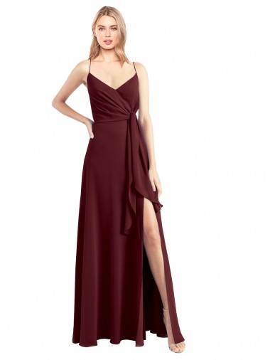 Sleeveless Burgundy Gold Low Back A-Line Spaghetti Straps Bridesmaid Dress Lincoln