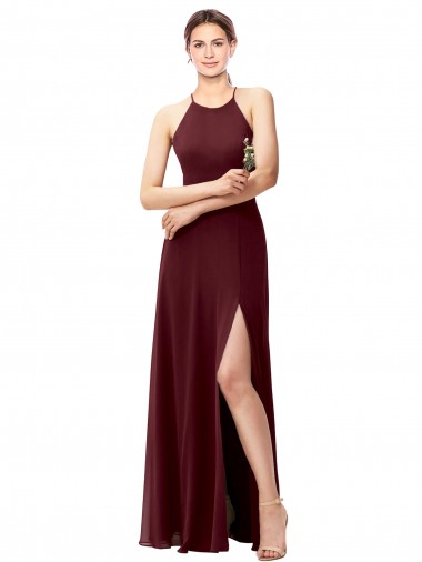 Sleeveless Burgundy Gold Criss Cross Back A-Line Halter Neck Bridesmaid Dress Lincoln