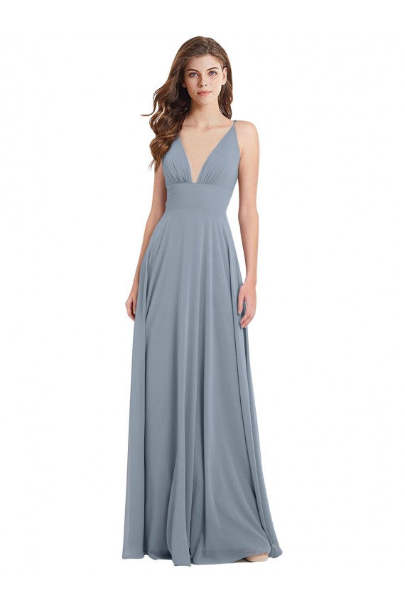 Sleeveless Dusty Blue V-Back A-Line V-Neck Bridesmaid Dress / Evening Gowns Lincoln