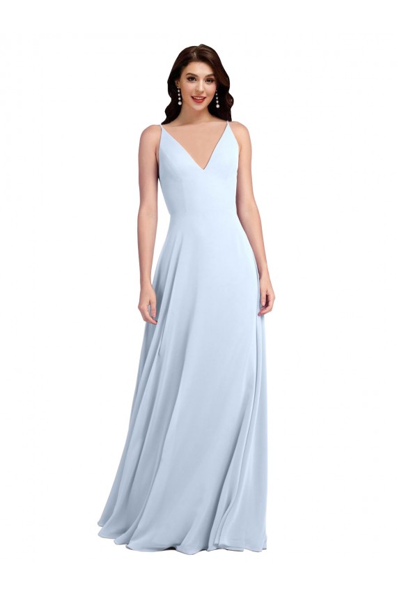 Sleeveless Light Sky Blue Keyhole Back A-Line V-Neck Evening Dress / Bridesmaid Dress Lincoln