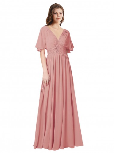 Flutter Sleeves Bliss Pink V-Back A-Line V-Neck Bridesmaid Dress Lincoln
