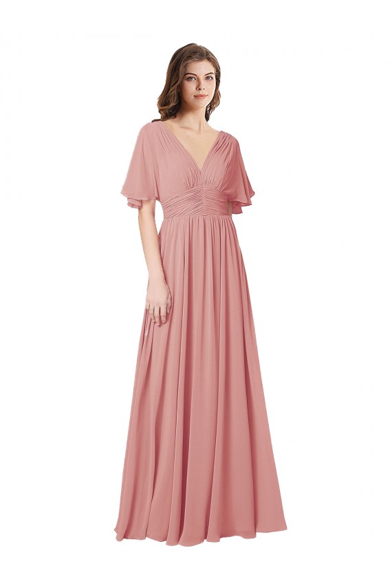 Flutter Sleeves Bliss Pink V-Back A-Line V-Neck Bridesmaid Dress Lincoln