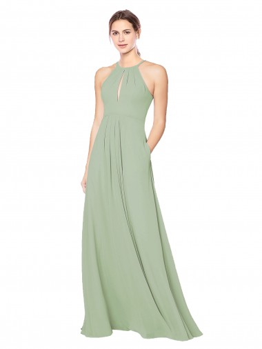 Sleeveless Smoke Green Keyhole Back A-Line Halter Neck Bridesmaid Dress Lincoln