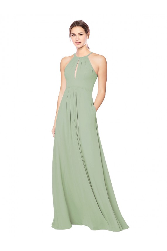 Sleeveless Smoke Green Keyhole Back A-Line Halter Neck Bridesmaid Dress Lincoln