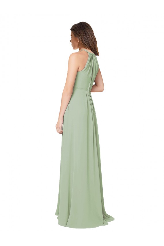 Sleeveless Smoke Green Keyhole Back A-Line Halter Neck Bridesmaid Dress Lincoln