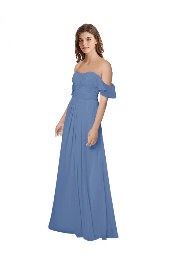 Flutter Sleeves Windsor Blue Open Back A-Line Off the Shoulder Bridesmaid Dress Lincoln