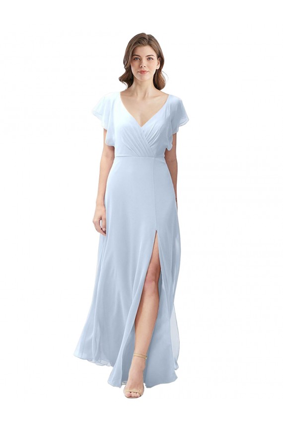 Flutter Sleeves Light Sky Blue Open Back A-Line V-Neck Bridesmaid Dress / Formal Dress Lincoln