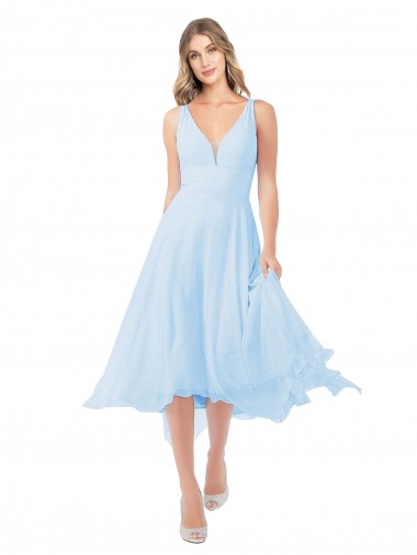 Sleeveless Light Sky Blue Keyhole Back A-Line V-Neck Bridesmaid Dress Lincoln
