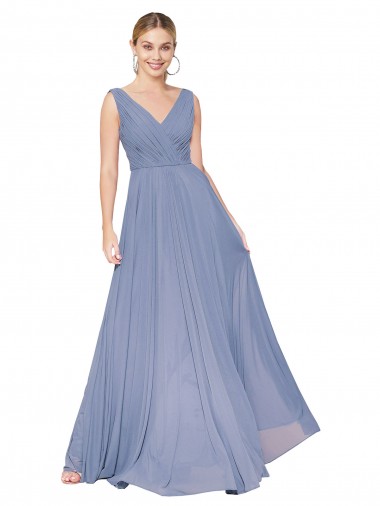 Sleeveless Dusty Blue V-Back A-Line V-Neck Formal Evening Gown / Prom Dress / Bridesmaid Dress Lincoln