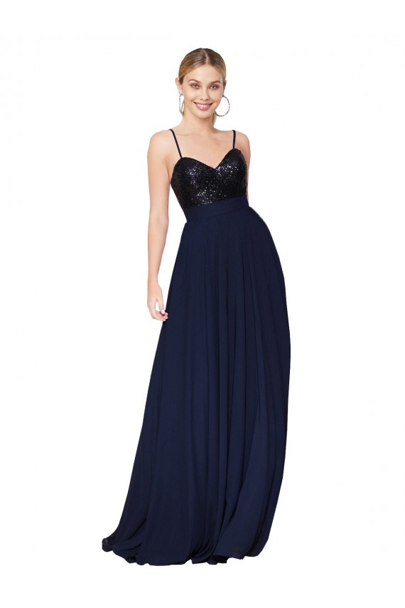 Sleeveless Dark Navy A-Line Spaghetti Straps Semi Formal Evening Dress / Prom Dress / Bridesmaid Dress Lincoln
