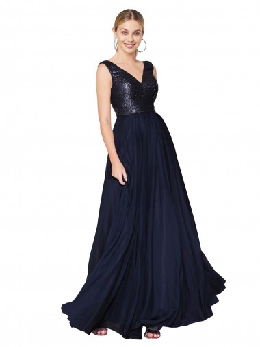 Sleeveless Dark Navy V-Back A-Line V-Neck Semi Formal Evening Gown / Prom Dress / Bridesmaid Dress Lincoln