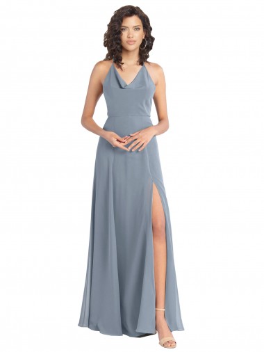 Sleeveless Dusty Blue V-Back A-Line Halter Neck Bridesmaid Dress Lincoln