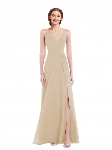 Sleeveless Champagne Criss Cross Back A-Line V-Neck Semi Formal Evening Dress / Bridesmaid Dress Lincoln