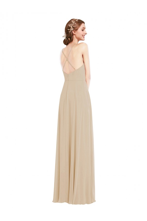 Sleeveless Champagne Criss Cross Back A-Line V-Neck Semi Formal Evening Dress / Bridesmaid Dress Lincoln