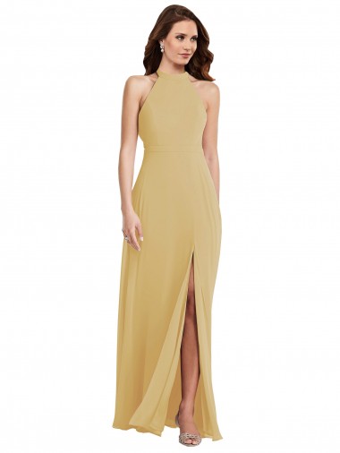 Sleeveless Gold Criss Cross Open Back A-Line Halter Neck Semi Formal Evening Dress / Bridesmaid Dress Lincoln