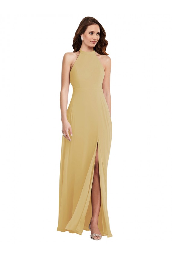Sleeveless Gold Criss Cross Open Back A-Line Halter Neck Semi Formal Evening Dress / Bridesmaid Dress Lincoln