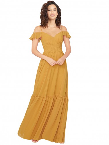Cold Shoulder Saffron Keyhole Back A-Line V-Neck Bridesmaid Dress Lincoln