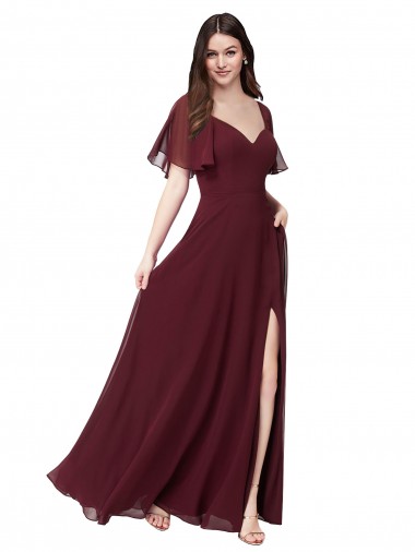 Short Flutter Sleeves Burgundy Gold Keyhole Back A-Line Sweetheart Formal Dress / Bridesmaid Dress Lincoln