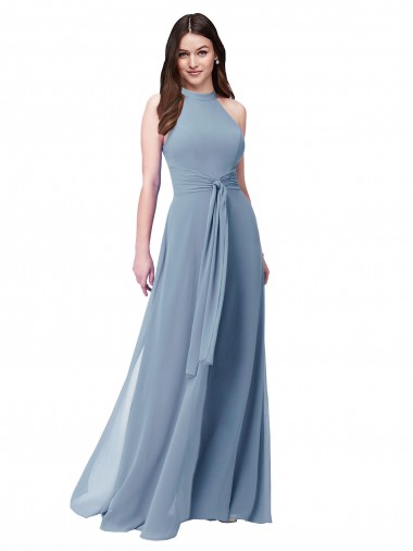 Sleeveless Dusty Blue A-Line Halter Neck Bridesmaid Formal Dress Lincoln