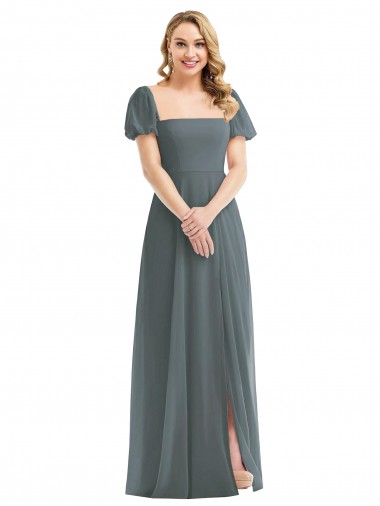 Puff Sleeves Slate Grey A-Line Square Neck Semi Formal Evening Dress / Bridesmaid Dress Lincoln