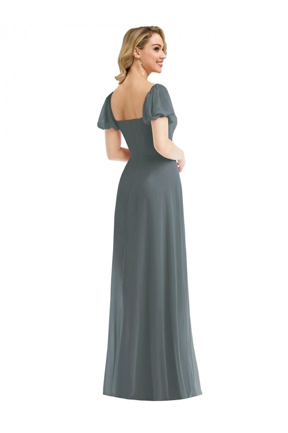 Puff Sleeves Slate Grey A-Line Square Neck Semi Formal Evening Dress / Bridesmaid Dress Lincoln