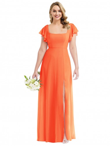 Flutter Sleeves Tangerine Tango Open Back A-Line Square Neck Semi Formal Evening Dress / Bridesmaid Dress Lincoln