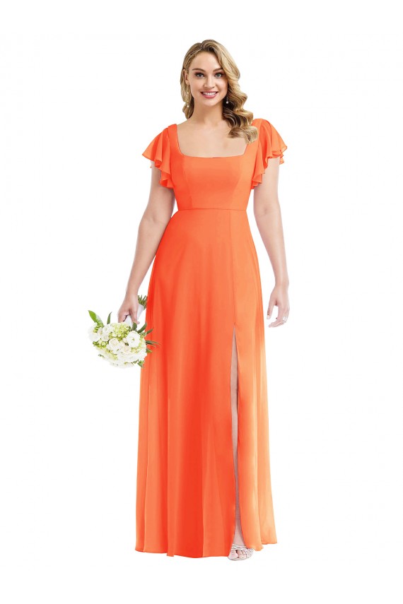 Flutter Sleeves Tangerine Tango Open Back A-Line Square Neck Semi Formal Evening Dress / Bridesmaid Dress Lincoln