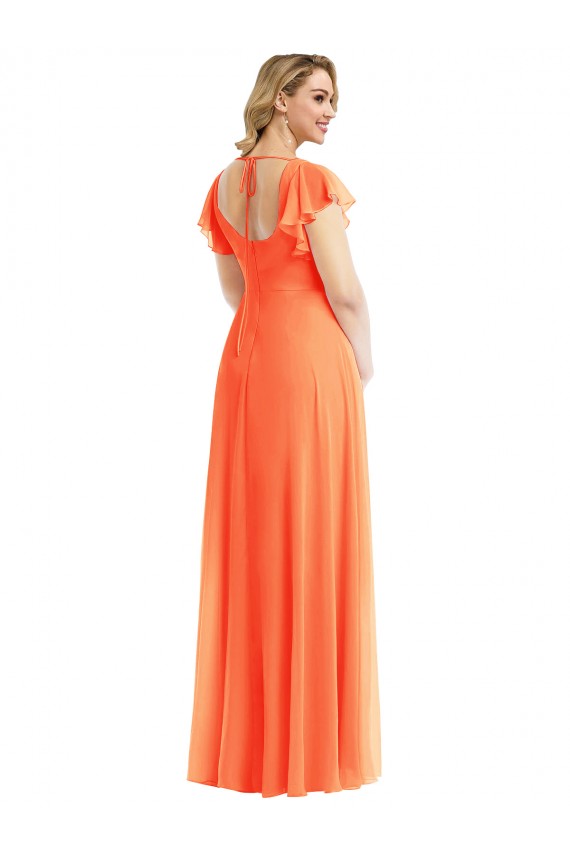 Flutter Sleeves Tangerine Tango Open Back A-Line Square Neck Semi Formal Evening Dress / Bridesmaid Dress Lincoln