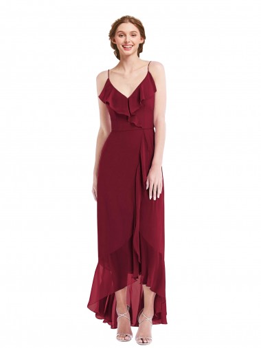 Sleeveless Burgundy Low Back A-Line Spaghetti Straps High Low Evening Gown / Bridesmaid Dress Lincoln