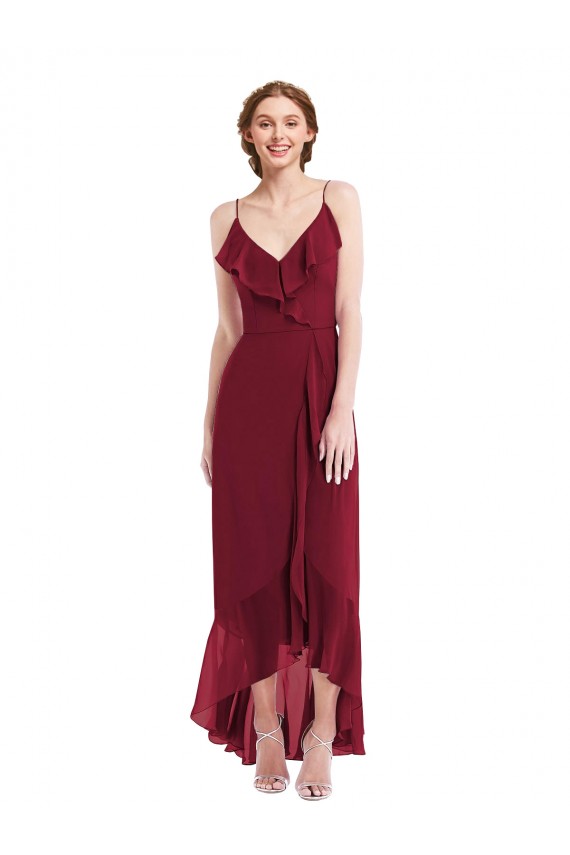 Sleeveless Burgundy Low Back A-Line Spaghetti Straps High Low Evening Gown / Bridesmaid Dress Lincoln