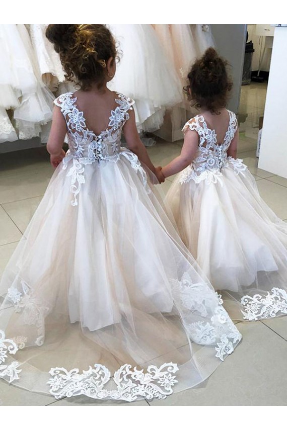 Sleeveless Ivory V-Back Ball Gown Bateau Neck Little Flower Girl Dress Lincoln