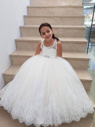 Sleeveless Ivory Keyhole Back Ball Gown High Neck Flower Girl Dress for Wedding Lincoln