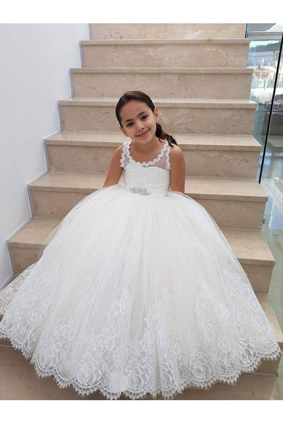 Sleeveless Ivory Keyhole Back Ball Gown High Neck Flower Girl Dress for Wedding Lincoln