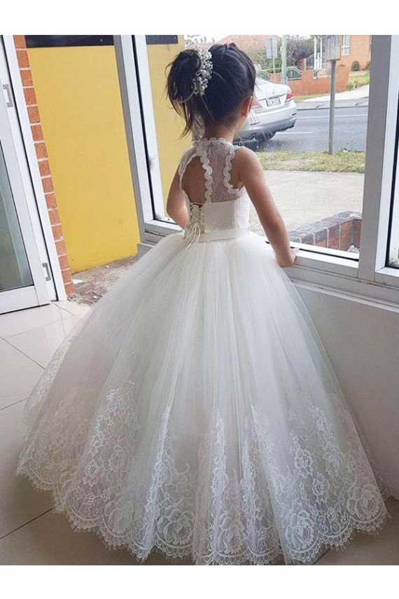 Sleeveless Ivory Keyhole Back Ball Gown High Neck Flower Girl Dress for Wedding Lincoln