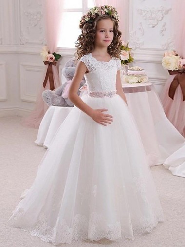 Cap Sleeves Ivory Keyhole Back Ball Gowns High Neck Flower Girl Dress Lincoln